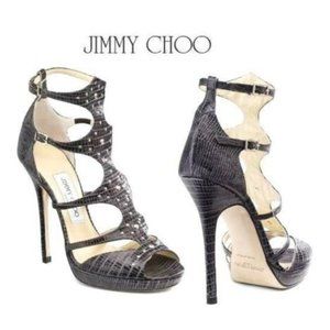 Jimmy Choo Charcoal Grey Mostyn Lizard Embossed Strappy Platform Gladiator
